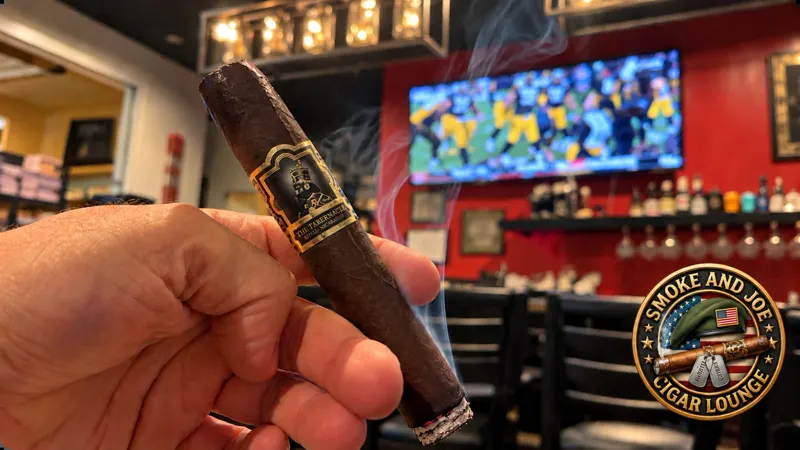 A guest holding a lit cigar in the lounge, with a football game on the TV behind the bar