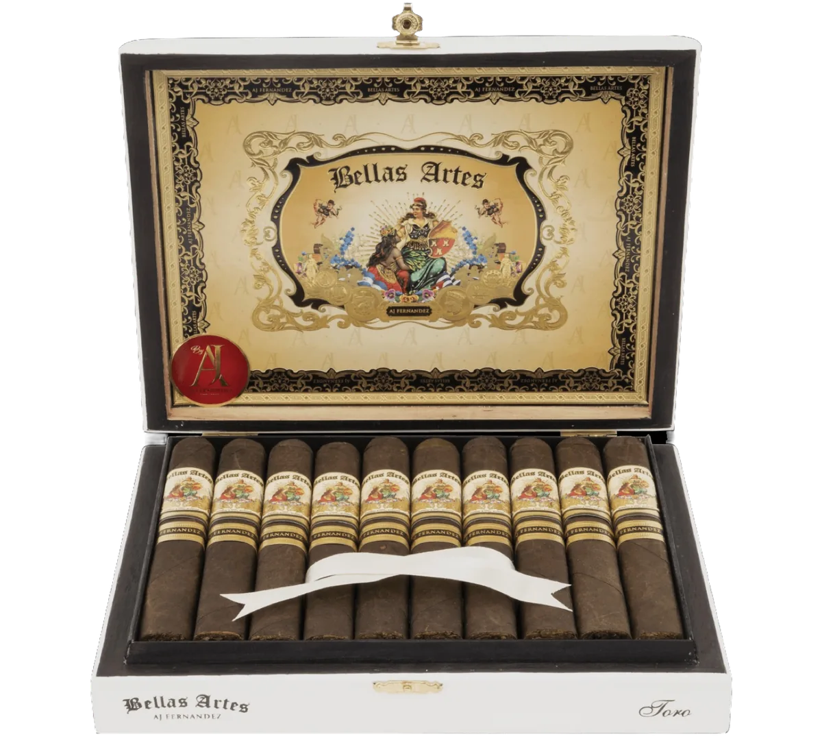 Open white box of AJ Fernandez Bellas Artes Maduro Toro cigars
