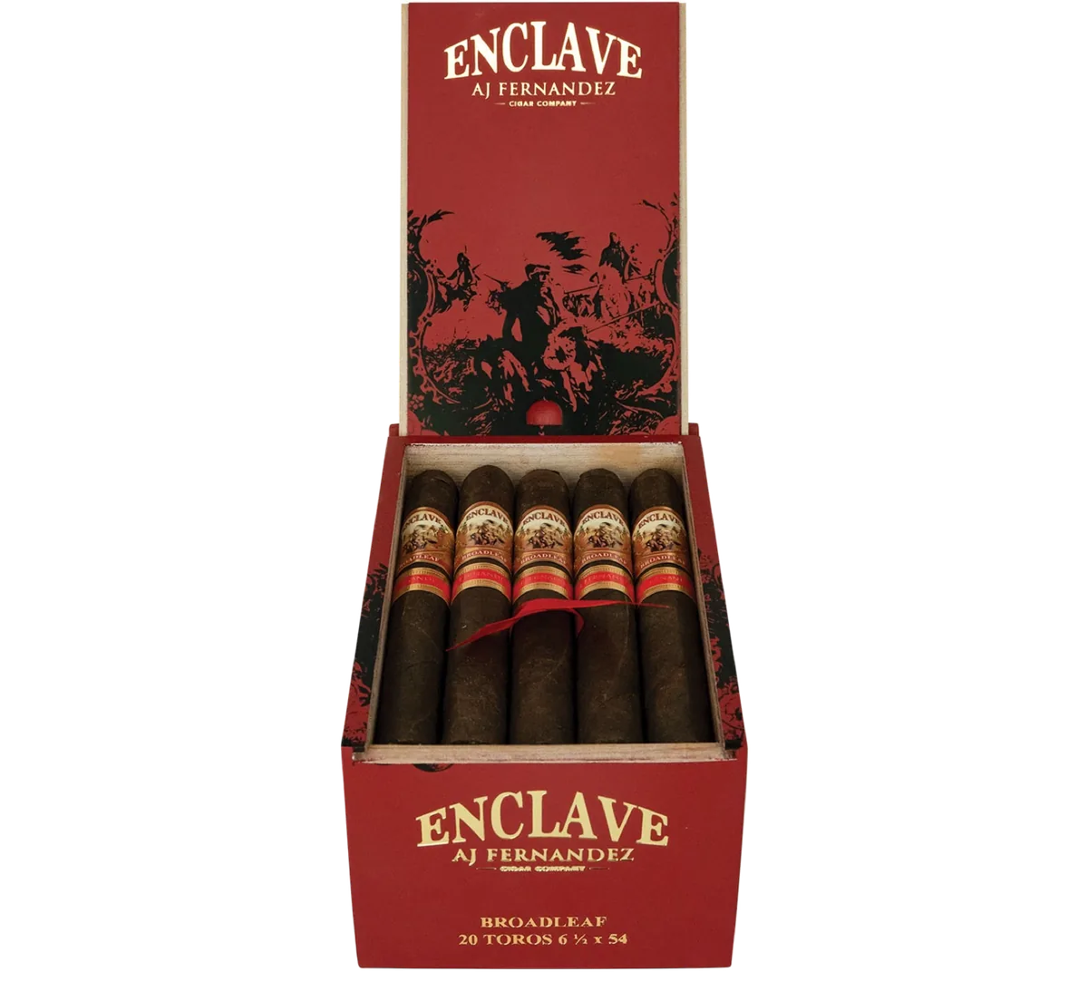 Open red box of 20 AJ Fernandez Enclave Broadleaf Toro cigars