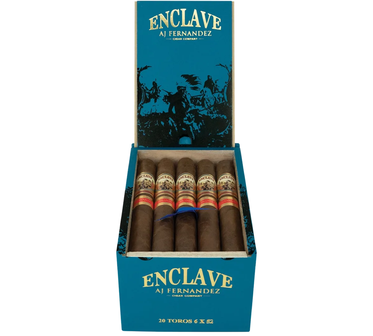 Open blue box of 20 AJ Fernandez Enclave Habano Toro cigars