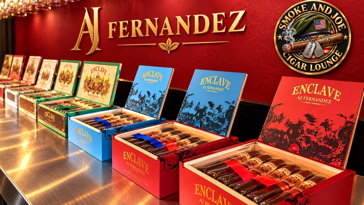 AJ Fernandez cigar boxes lined up on the counter at Smoke and Joe Cigar Lounge, under the AJ Fernandez wall sign