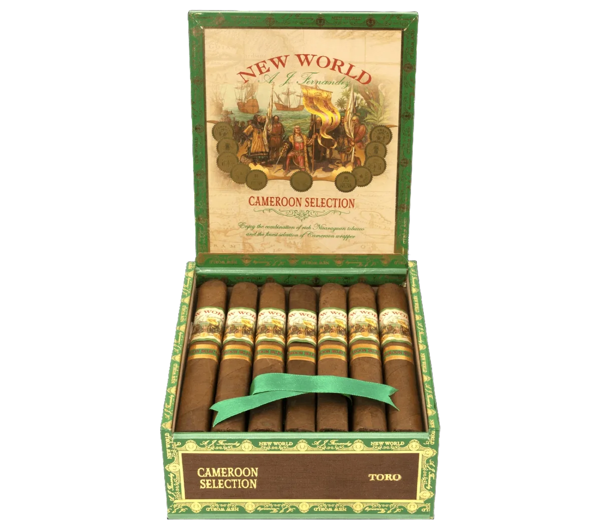 Open green box of AJ Fernandez New World Cameroon Selection Toro cigars