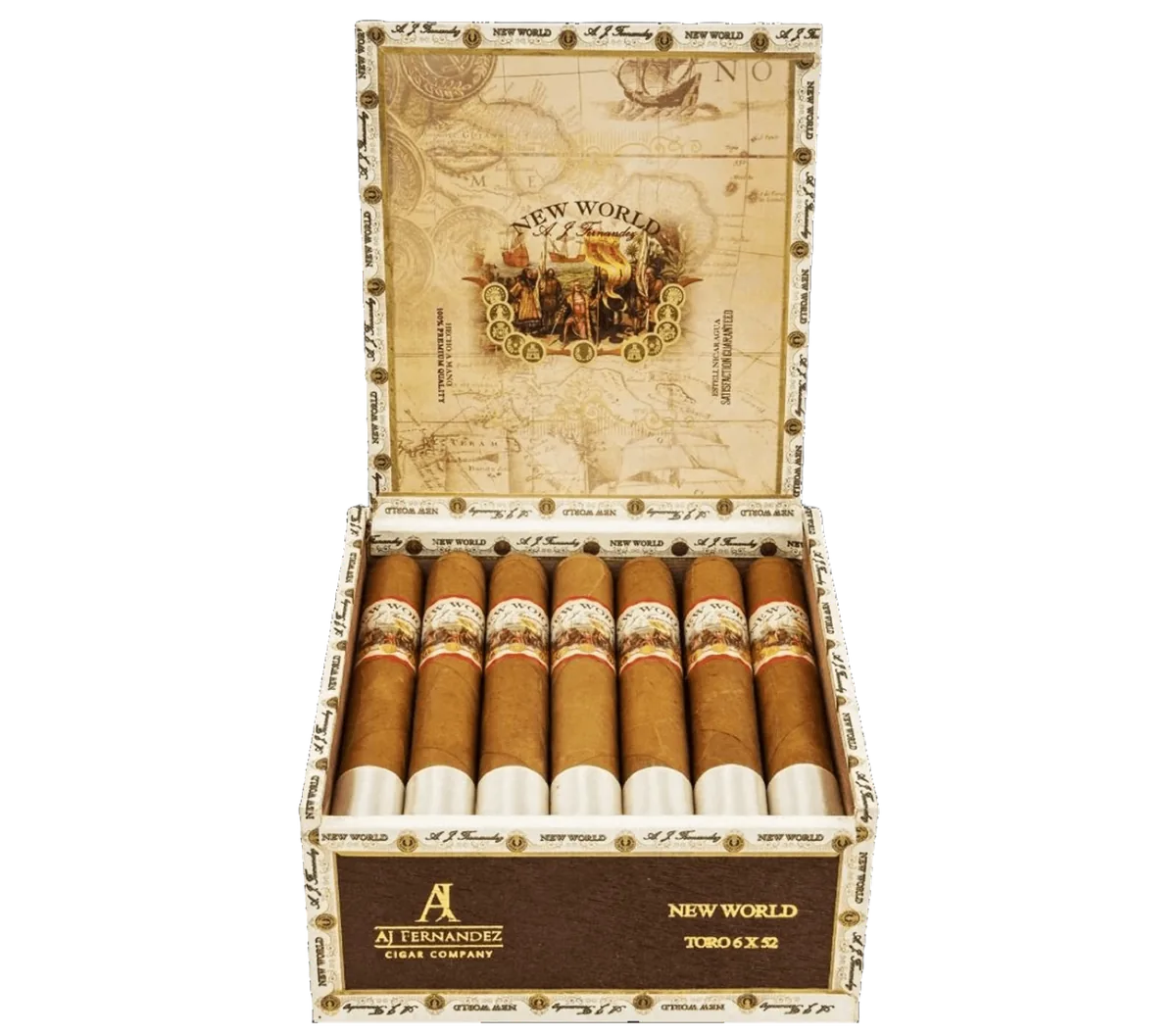Open white box of AJ Fernandez New World Connecticut Toro cigars