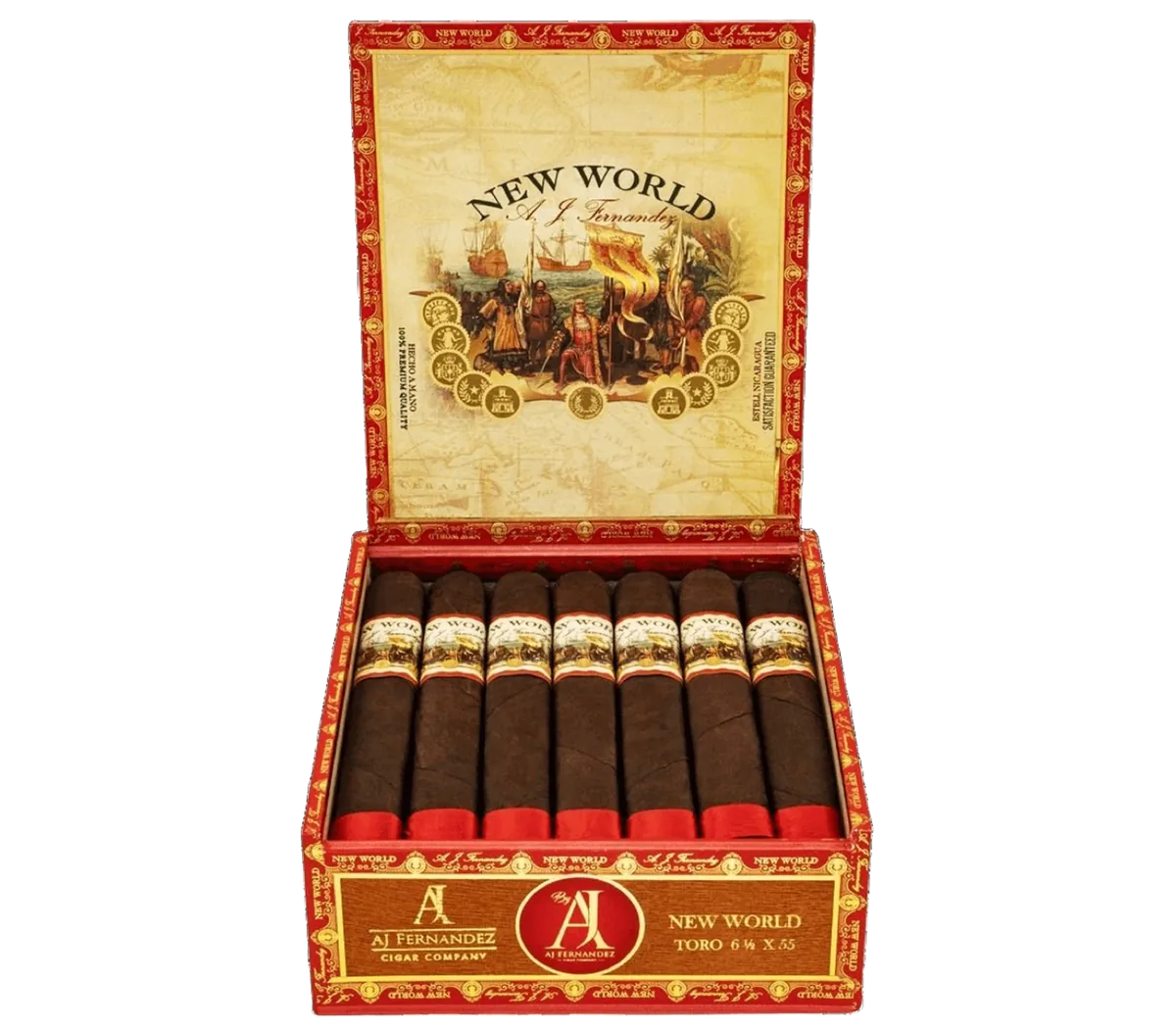 Open red box of AJ Fernandez New World Oscuro Toro cigars, the original New World
