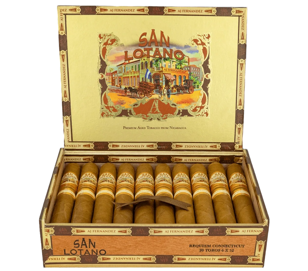 Open box of 20 AJ Fernandez San Lotano Requiem Connecticut Toro cigars
